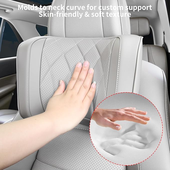Car Headrest Pillow U-Shaped, Memory Foam Head Neck Support Cushion for Driving, Leather Head Rest Travel Pillows for Sleeping, Breathable Removable Cover, Gray, 1 Pack