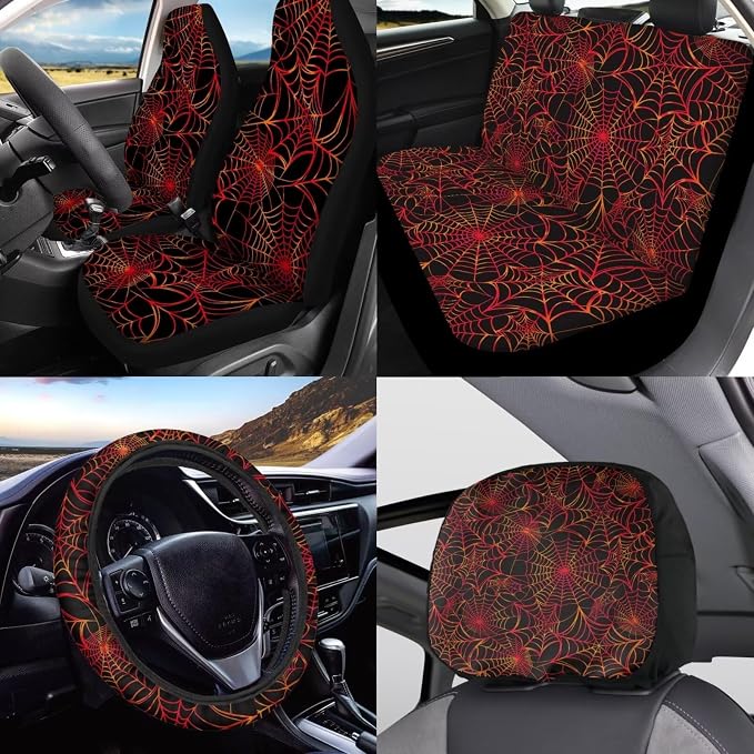 KEIAHUAN Halloween Spider Web Car Seat Cover Full Set for Men with Handbrake Gear Shift Knob Covers Steering Wheel Cover Head Rest Cover Car Coaster Universal Fit for Cars, Sedan, Trucks Car Accessory
