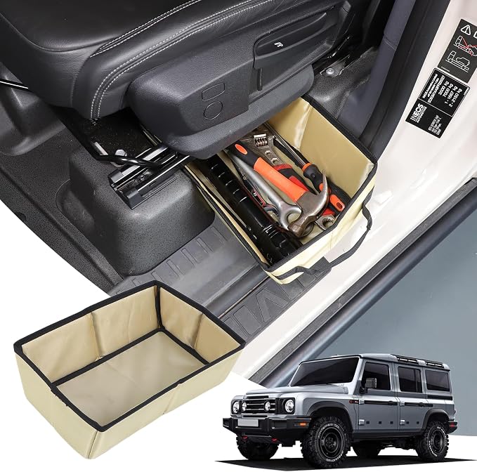 Under Seat Storage Box Tray Compatible with Ineos Grenadier 2020-2025, Customized Oxford Cloth Driver Passenger Underseat Hidden Organizer Tool Box Organizer with Anti-slip and Handle (Beige)