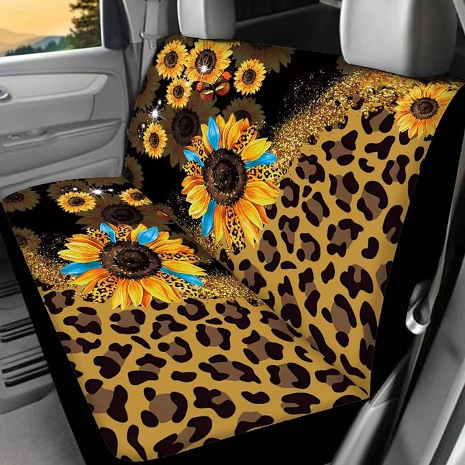 17Pcs Leopard Print Car Seat Covers Full Set with Front and Split Rear Bench,Sunflower Car Mats Full Set and Seat Belt Cover Pad,Leopard Print Car Interior Accessories for Women Universal Fit