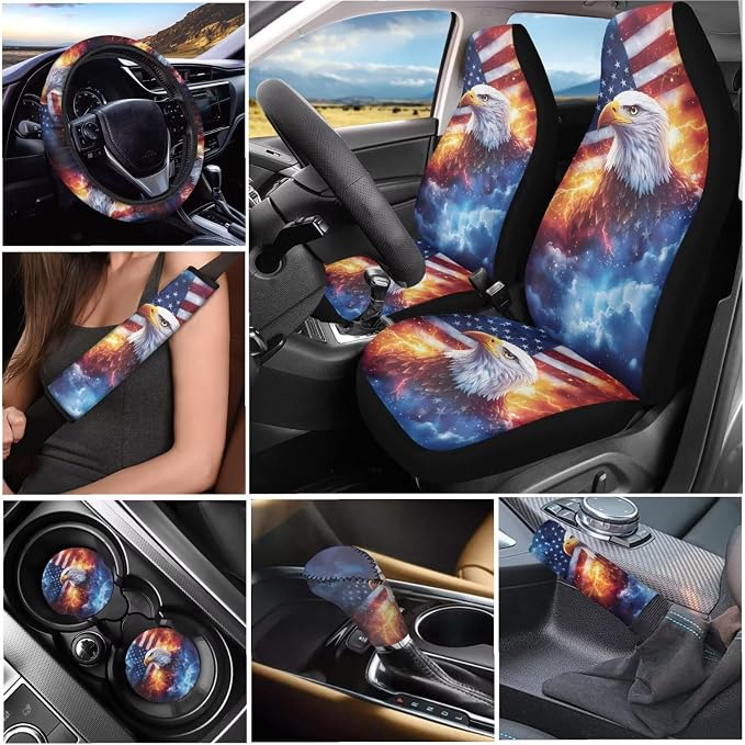 Tupalatus 9 Pcs American Flag Eagle Car Seat Covers Full Set Stretchable Steering Wheel Cover Seat Belt Pads Cover Coasters Gear Shift Hoodie Handbrake Cover Automotive Decor Accessories