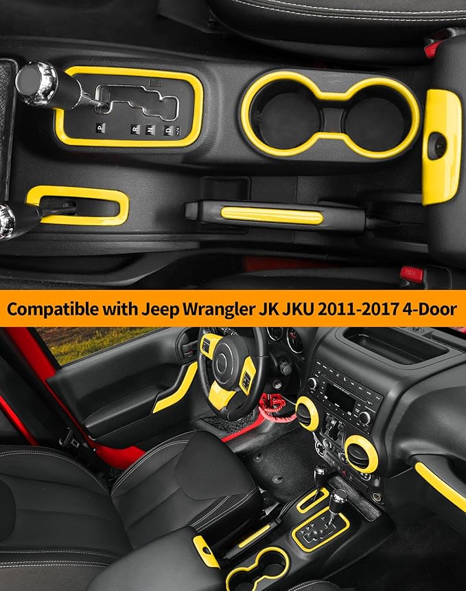 Hoolcar Steering Wheel Cover Gear Shift Panel Trim Cover Water Cup Holder Cover Kit Interior Accessories Kit Fit for Jeep Wrangler JK JKU 2011-2018, 4-Door, Yellow