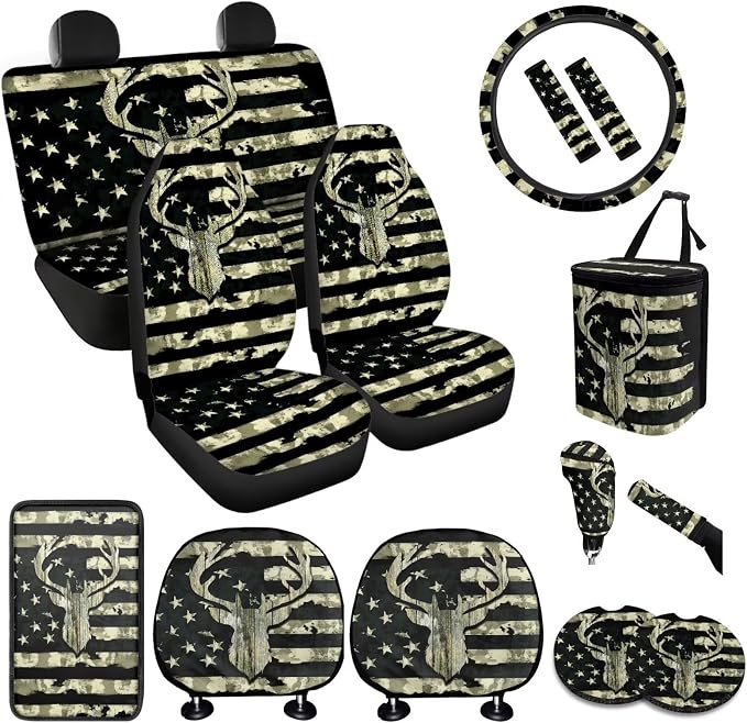 BIGCARJOB American Flags Deer Car Front Rear Seat Covers Full Set for Men Auto Interior Accessories 15 Pack Car Headrest Cover,Car Trash Can,Car Seat Protector Set