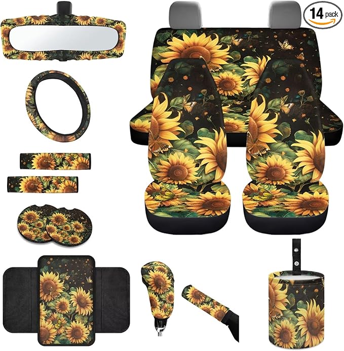 Sunflower Print Full Set Car Seat Covers with Accessories Decorative Front and Rear Split Bench Seat Covers Steering Wheel Cover Armrest Cushion Universal Fit Sedan SUV Truck
