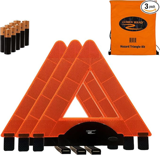 Lumen Wand 3-Pack LED Reflective Warning Triangles Kit for Road Safety | Metal Base, Internal LEDs & External Reflectors; Includes Storage Bag & 9 AAA Batteries | Emergency Triangle