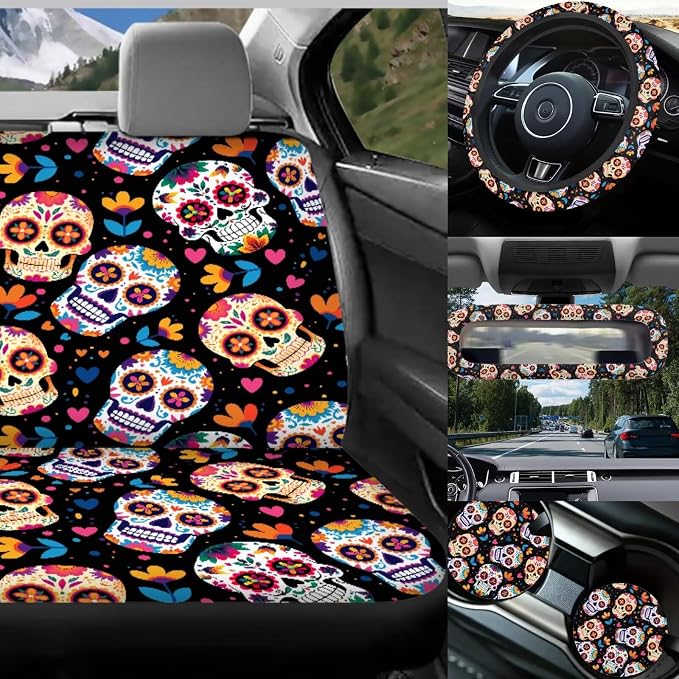 Skull Car Seat Covers Full Set of 17 Pcs,Universal Skull Floral Car Accessories for Women Man Automotive Interior with Auto Trash Bag Floral Auto Head Rest Covers,Washable Easy to Install