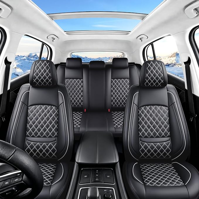 Fit Edge Car Seat Covers for Ford Edge 2007-2025 2026 - Luxury Leather, Anti-Slip, All-Weather Seat Cushions, Waterproof & Breathable, Airbag Compatible, Full 5-Seat Set (Whiteline)