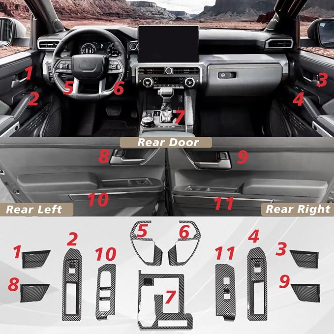 Muslogy Interior Trim Kit Cover 11PCS Compatible with 2024 2025 2026 Toyota Tacoma&2025+ 4Runner Steering Wheel Center Console Window Switch Inner Door Cover(Not Fit 2Door Tacoma)(Glossy Carbon Fiber)
