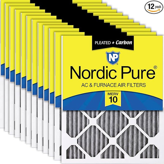 Nordic Pure 10x20x1 (Actual Size: 9 1/2 x 19 1/2 x 3/4) Furnace Air Filters MERV 10 Pleated Plus Carbon 12 Pack