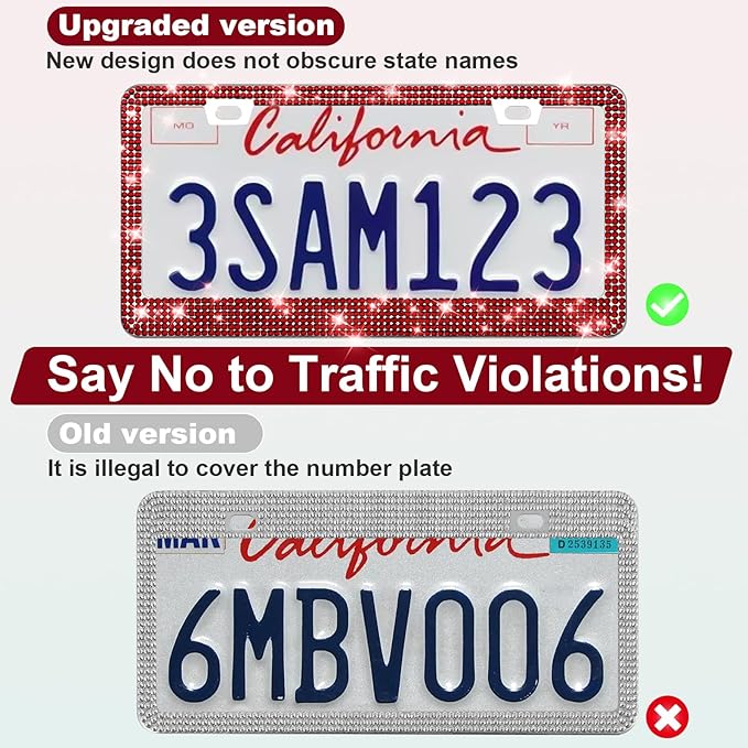 QUANQIUFEI 2 Pack Bling License Plate Frames for Women, Sparkly Rhinestone Diamond Car Accessories with Glitter Crystal Caps (Burgundy)