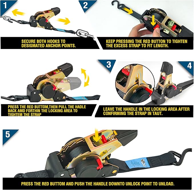Retractable Ratchet Straps 4 Pack - 1" x 10' Each, Ratchet Straps Self Retractable 1500 lbs Break Strength. Weather Resistant Safety S-Hooks, Perfect for Boat, Securing Cargo, Any Hauling Job