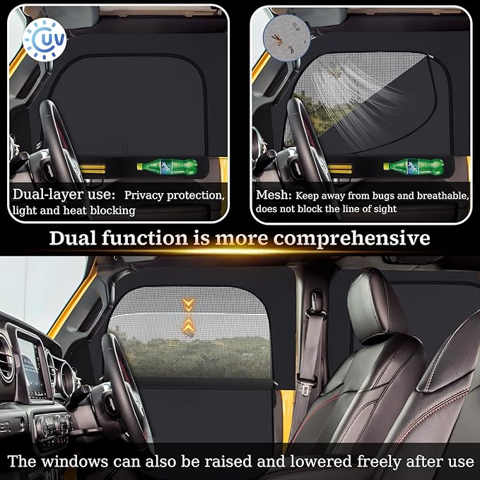 XCBYT Car Window Shades - 2019-2024 Jeep Wrangler JK JL and Gladiator JT Privacy Curtains, Dual Purpose Window Covers, Side Window Sun Shade for Breastfeeding, Napping, Dressing, Camping