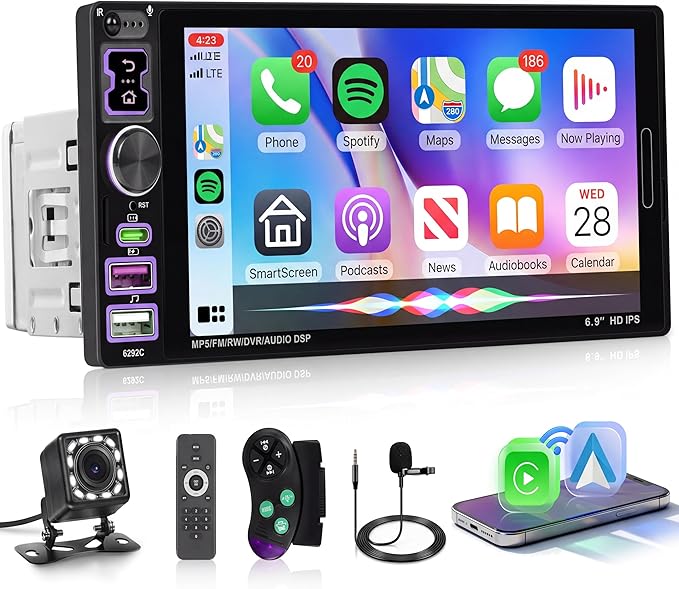 Car Stereo Single Din CarPlay Android Auto, 1 Din Car Radio Bluetooth 5.2, 6.9" IPS Touchscreen Car Radio with Backup Camera, Mirror Link, SWC, FM/EQ, USB & Type-C