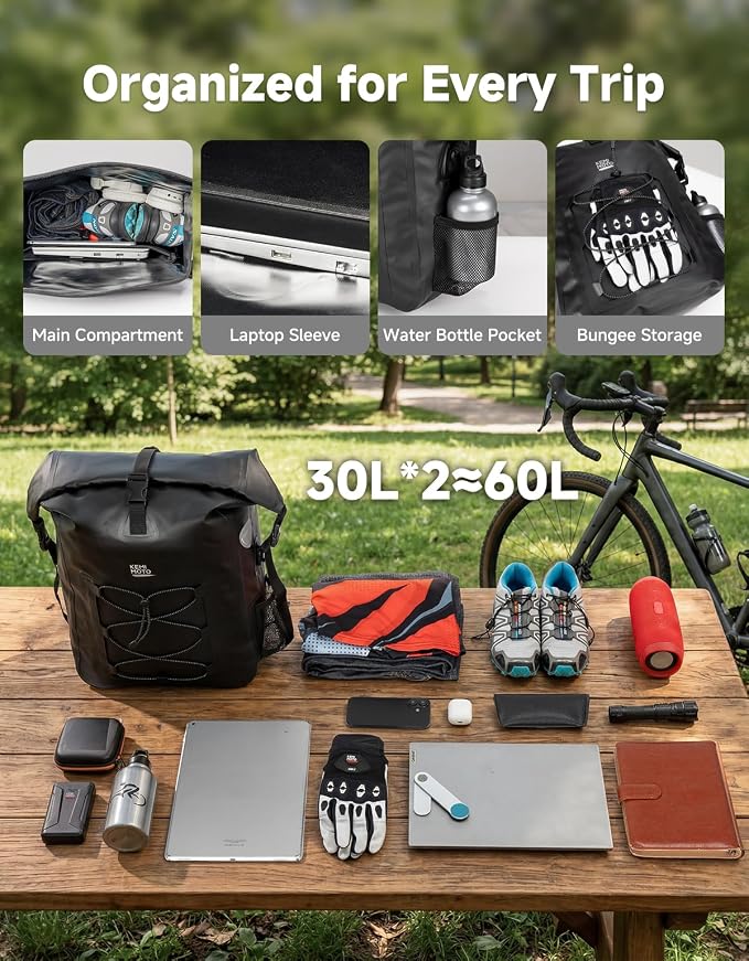 KEMIMOTO Bike Pannier Waterproof 2-Pack, 60L Bicycle Saddle Bag for Rear Rack, Side Storage Bag with Laptop Compartment & Reflective, PVC Air-Tight Material – Commuting Touring Grocery Shoulder Carry