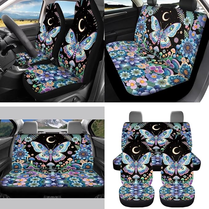 Moon Mushroom Butterfly Car Seat Covers Set of 15 with Universal Steering Wheel Cover, Rearview Mirror Cover, Car Trash Can, Seatbelt Pads, Cup Holder Coasters, Keychains