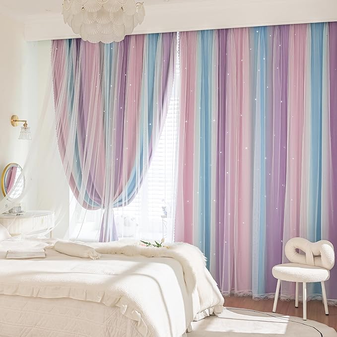 Extra Wide Curtains 84 Inches Long for Girls Bedroom Sliding Glass Door Kids Blackout Curtains for Nursery Room Darkening Rainbow Princess Unicorn Wall Decals 1 Panel 70 Inch Wide Pink Purple 70Wx84L