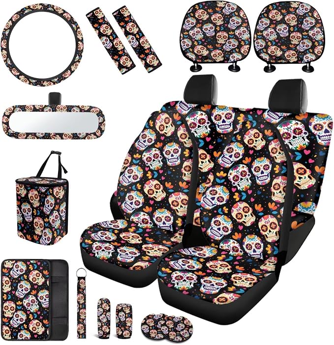 Skull Car Seat Covers Full Set of 17 Pcs,Universal Skull Floral Car Accessories for Women Man Automotive Interior with Auto Trash Bag Floral Auto Head Rest Covers,Washable Easy to Install