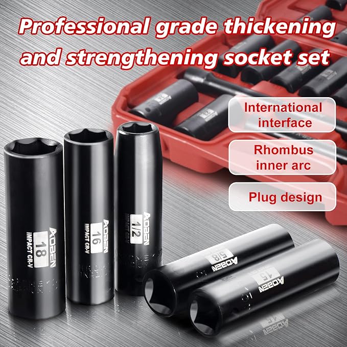 AOBEN 3/8-Inch Drive Impact Socket Set, 49 Pieces,6 Point (5/16" - 3/4", 8mm - 22mm), Deep/Shallow, Includes 3", 6" Extension bars, Universal Joint, 1/2" to 3/8" adaptor, 3/8" Inch Socket Adapter