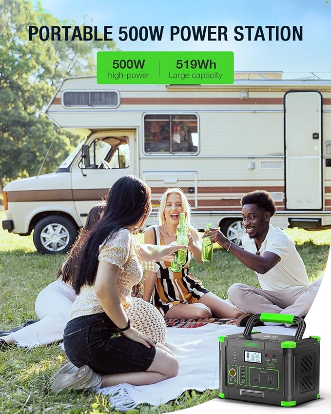 Portable Power Station 500W, 519Wh/140400mAh Solar Generator Backup Lithium Battery Pack Power Supply with 2 AC Outlets, PD 60W USB-C Power bank for Outdoor RV Camping Home Outage Emergency