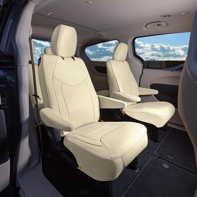 FH Group Custom Fit Car Seat Cover Specefically Made for Chrysler Pacifica 2017-2024 - 2nd Row Set Non Hybrid, Faux Leather, Solid Beige