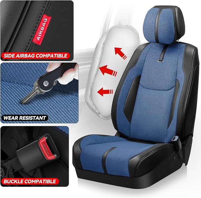 Auto Dynasty Car Seat Covers Front Pair, Automotive Seat Covers for Cars Breathable Waterproof, Universal Anti-Slip Car Interior Protectors Compatible Airbag Fit Most Cars, Blue, Drive Series