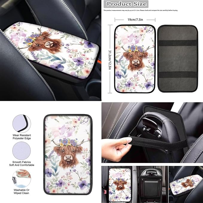 Wanyint Car Seat Cover Full Set 12 PCS, with Steering Wheel Seat Belt Cover Armrest Pad Coasters Handbrake Gear Shift Knob Set Auto Accessories Decor, Highland Cow Floral Violet