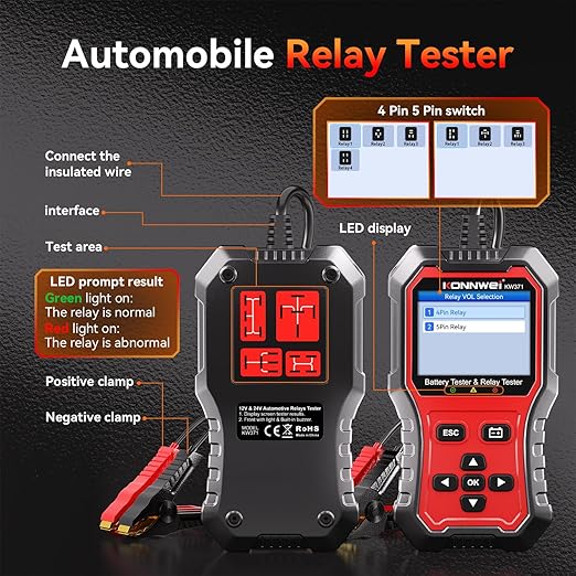 KONNWEI KW371 Battery Tester & Relay Tester 2 in 1 | 6V/12V/24V battery system tester with cranking & charging analysis. 4/5-pin relay tester. CCA 10-2000. No batteries required.