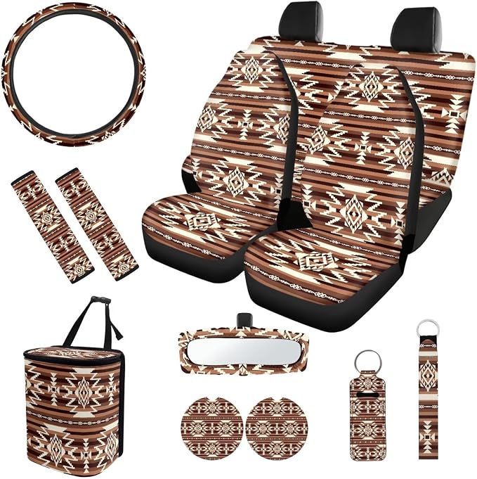 Brown Aztec Car Seat Covers Full Set of 12 with Steering Wheel Cover Seat Belt Pads Car Trash Can Soft Rear View Mirror Cover Coasters Keychain Holder Keychains