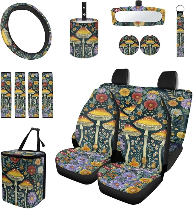 15 Pcs Forest Mushroom Auto Interior Accessories Car Seat Covers with Auto Steering Wheel Cover Seat Belt Covers Car Trash Can View Mirror Cover Coaster Keychains