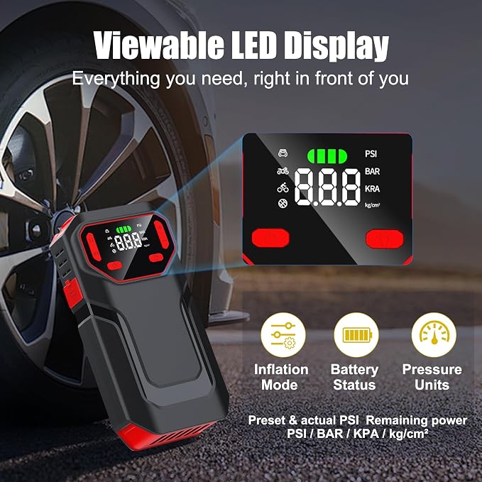 MT21 Jump Starter with Air Compressor,12V Battery Booster Pack(10L Gas/8L Diesel) with 5000A–Spark-Proof & Reverse Polarity Protected,150PSI Portable Jump Box & Tire Inflator with LED Light