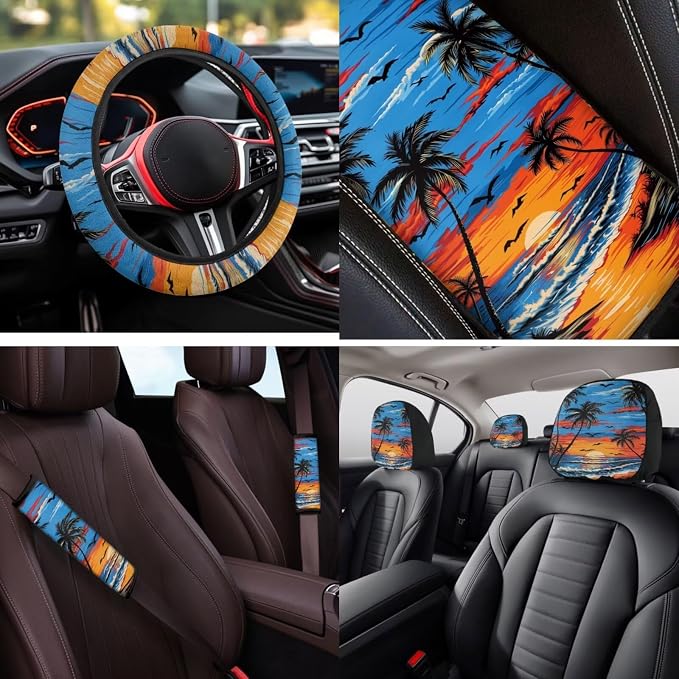 Bulopur Tropical Palm Tree Sunset Car Seat Covers Full Set with Matching Steering Wheel Cover Console Armrest Cover Car Accessories Seat Belt Covers Headrest Covers Car Interior Decor