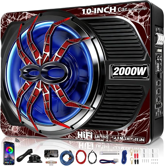 2000W Under Seat Subwoofer with Amp 10" Subwoofer and Amp Package Slim Subs | LED Ambient Light, Deep Bass, LPF/Gain/Bass Boost Controls, Compact Low Profile Design for Powerful Sound in All Vehicles