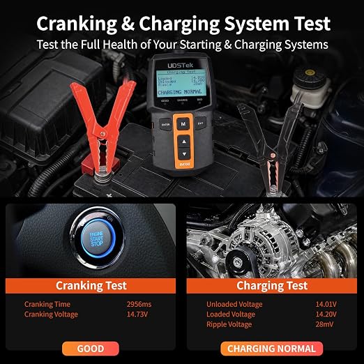 BA100 12V Car Battery Tester, 100-2000 CCA Automotive Load Tester | Diagnose 12V battery, cranking & alternator charging system. Works for cars, motorcycles, trucks, boats, RVs and ATVs.