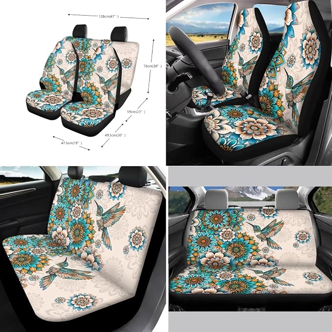 Xoenoiee Hummingbird and Boho Mandala Pattern Car Seat Cover Full Set with Steering Wheel Cover, Seat Belt Cover, Coasters, Key Chains for Cars SUV, Universal Auto Accessories - 11 Pack