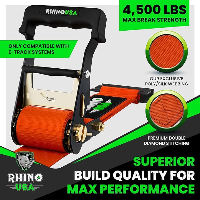 Rhino USA E Track Ratchet Tie Down Straps (4,500lb Break Strength) - Includes (4) Premium 2" x 16' eTrack Tie Downs - Ultimate Heavy Duty eTrack Cargo Strap System for Trailer, Truck, Motorcycle