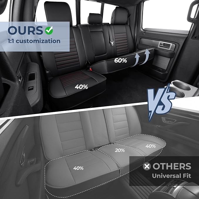 Seat Covers Full Set for Ford F150 2009-2025 2026 - F250/F350/F450 2017-2025 2026: 5 Seat Faux Leather Truck Seat Covers (Black&Red)