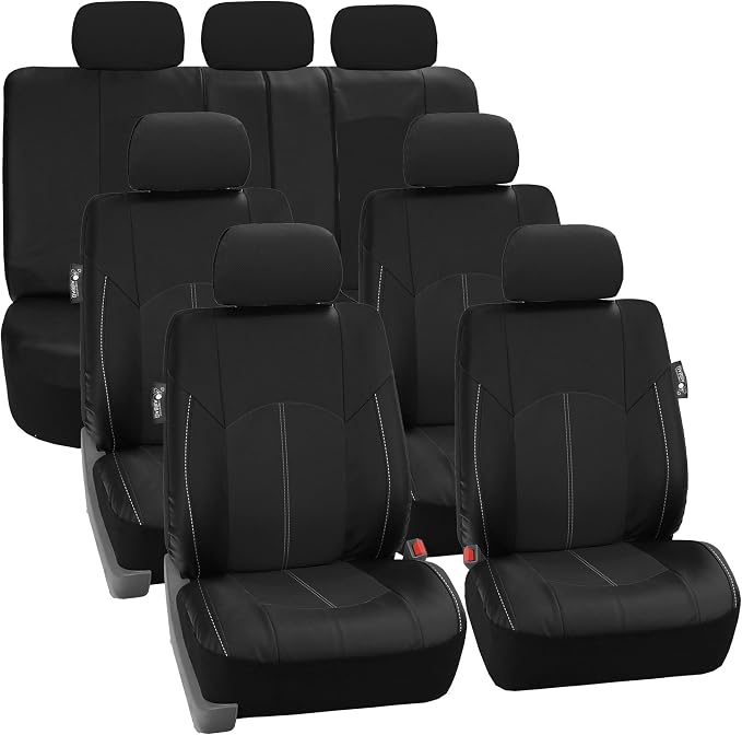 FH Group Perforated Leatherette Three Row Set 7 Seater Car Seat Covers, Airbag Compatible and Split Ready- Universal Fit for Cars, Trucks & SUVs (Black)