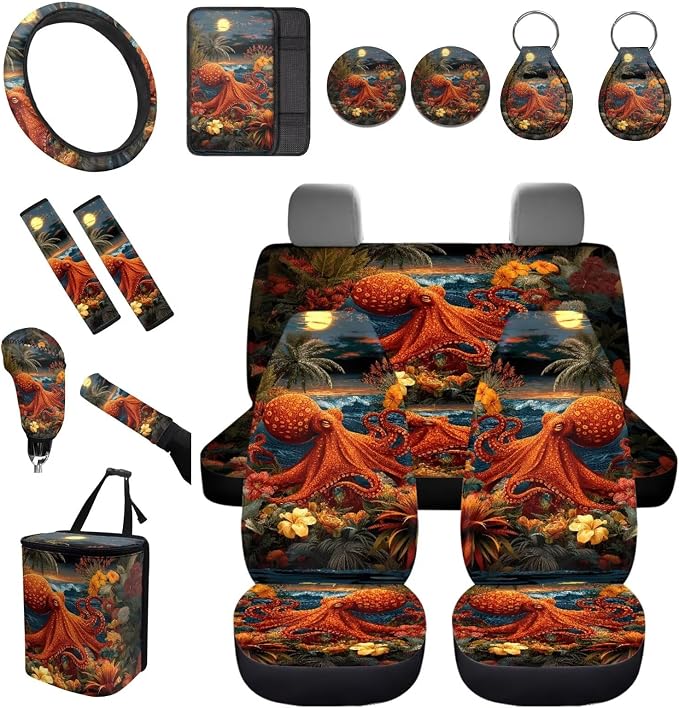 Forchrinse Octopus Car Seat Covers for Women Men Full Set 15 Pack Car Accessories Set with Steering Wheel Covers Armrest Seat Belt Covers Gear Handbrake Cover