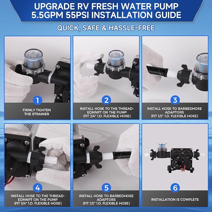 [Upgraded Version] 12V DC RV Fresh Water Pump, 5.5GPM 55PSI, Five Chamber Self-Priming Diaphragm Pump with Heavy Duty Pressure Switch & Strainer (12V-5.5GPM-55PSI)