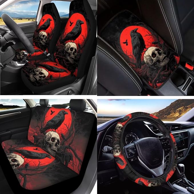Crow Skull Print Car Seat Covers Set of 15 High Back Front and Back Seat Covers with Steering Wheel Cover Safety Belt Pads Headrest Protectors Armrest Cushion Cup Coasters and Keychain