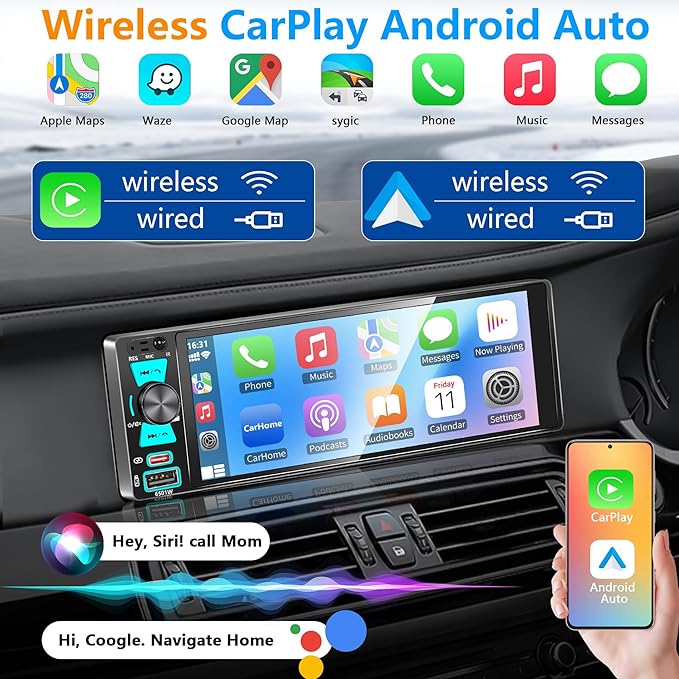 LSLYA Single Din Car Radio, Touchscreen Car Stereo for Wireless and Wired Apple Carplay,Android Auto, Radio para Carro with Mirror Link, Car Radio with Backup Camera GPS USB&Type-C FM/AM SWC EQ MIC
