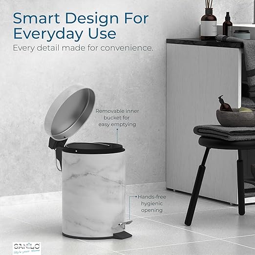 Sanilo Small Bathroom Trash Can with Lid [1.3 Gallon] - Lidded Tiny Trashcan for Garbage - Mini Metal Bin with Soft Closing Mechanism - Bath Room Accessoire Wastebin with Inner Bucket (Marble)