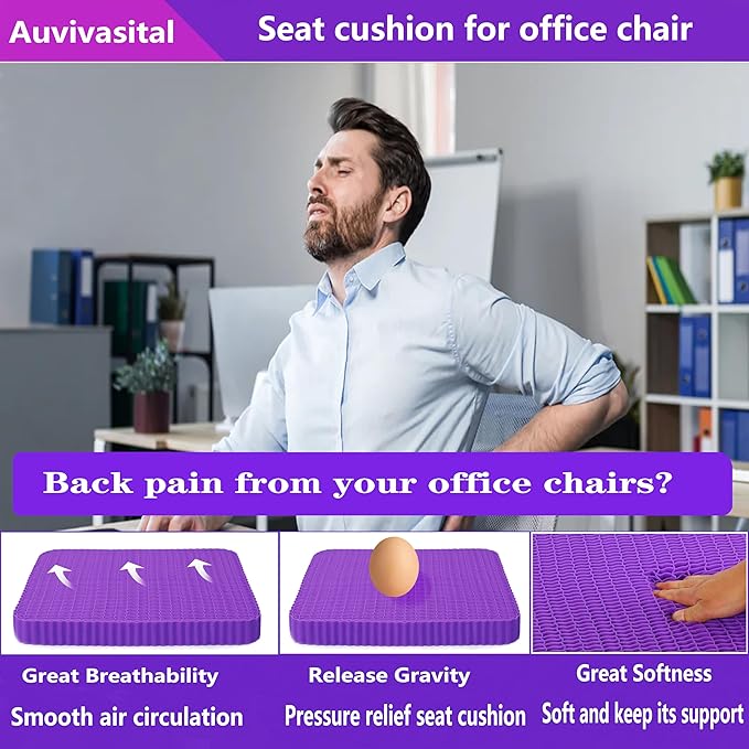 Innovative Gel Seat Cushion for Long Sitting, Seat Cushion for Back, Sciatica, Hip, Tailbone Pain Relief, Large and Thick, Used for The Office, Wheelchair, Recliner, Car, Truck.(Púrpura)