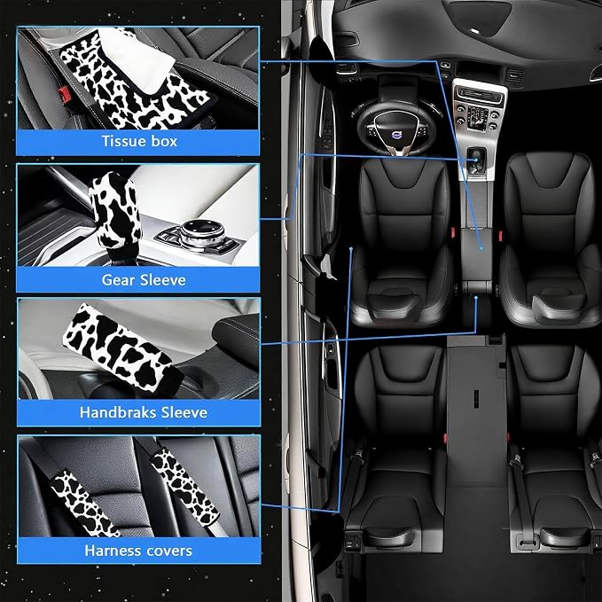 29 PCS Cow Pattern Car Accessories,Including Dashboard Decoration,Rearview Mirror Decoration,Etc,Suitable for Sedans,SUVS and Other Models,Cute Car Interior Sets Suitable for Women (Black)
