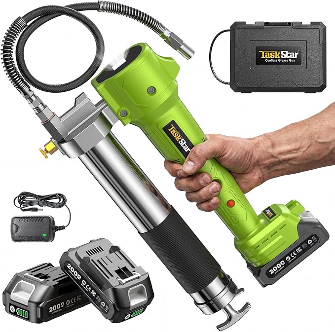 TaskStar Grease Gun with Lock-On Trigger for Effortless Greasing, Cordless Electric Grease Gun Kit, 2 Batteries, 40" Hose & LED Light, 14 oz Capacity for Tractor, Truck & Equipment Maintenance