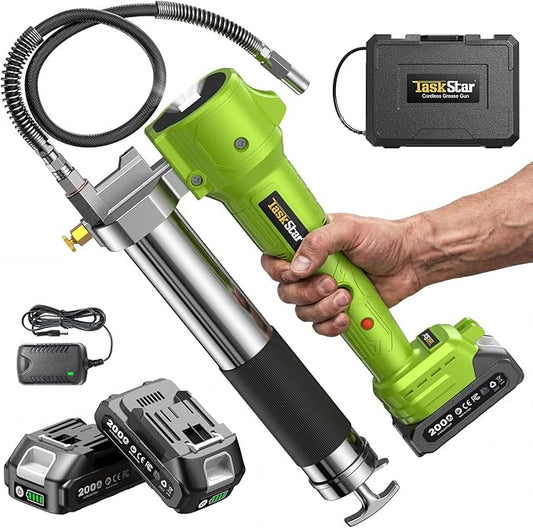 TaskStar Grease Gun with Lock-On Trigger for Effortless Greasing, Cordless Electric Grease Gun Kit, 2 Batteries, 40" Hose & LED Light, 14 oz Capacity for Tractor, Truck & Equipment Maintenance