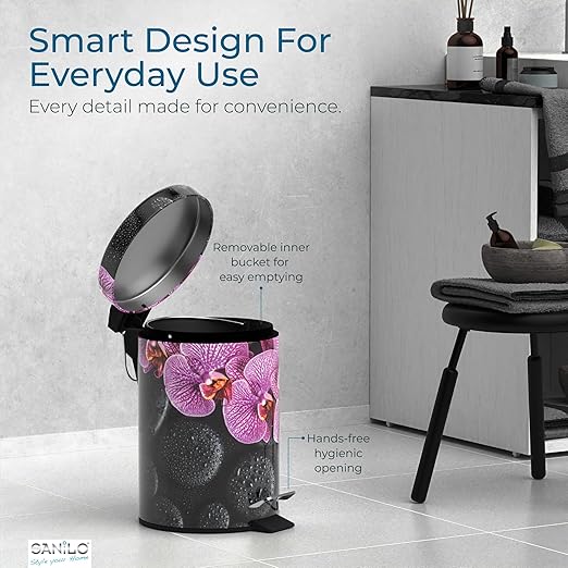 Sanilo Small Bathroom Trash Can with Lid [1.3 Gallon] - Lidded Tiny Trashcan for Garbage - Mini Metal Bin with Soft Closing Mechanism - Bath Room Accessoire Wastebin with Inner Bucket (Madeira)