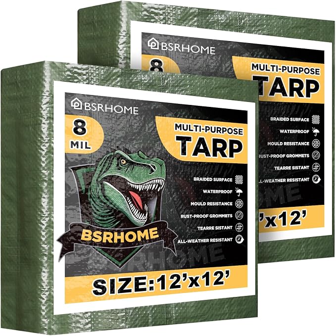 Tarps Waterproof 12x12 Feet, 2 Pack Heavy Duty Green Tarp Cover 8 Mil Thick, Resistant Plastic Tarpaulin with Metal Grommets, Outdoor Tent Cover for Emergency Rain