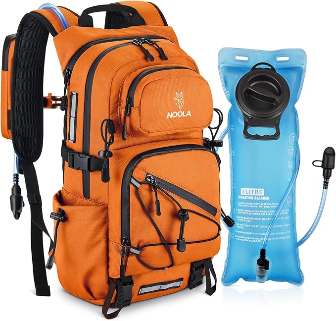 NOOLA Hydration Backpack with 3L Water Bladder - 25L Water Backpack for Hiking, Cycling, Running, Biking - Lightweight Hiking Pack Bag with Rain Cover, Phone Holder and Trekking Pole Holders, Orange