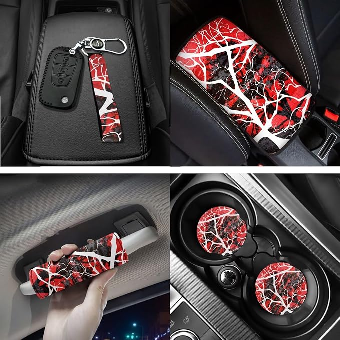 18 Pcs Red Branch Car Interior Accessories Set, Car Seat Covers Full Set with Auto Floor Mats Steering Wheel Cover Armrest Pad Seat Belt Pads Handle Wraps Keychain Cup Coaster